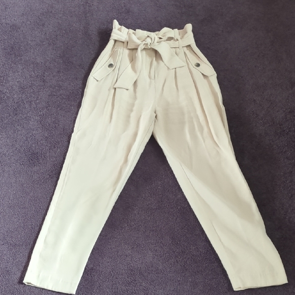 Women's Light Khaki Paperbag Waist Pants - Picture 1 of 6